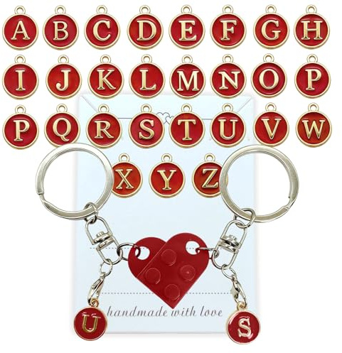 Porte-clés en forme de cœur,Idee Cadeau Couple Porte Clef Coeur,Avec 26 des lettres (A-Z) Porte-clés Partenaire,Petit Porte-clés,Porte Cle Amour Cadeaux Saint Valentin,Porte Clef Amoureux