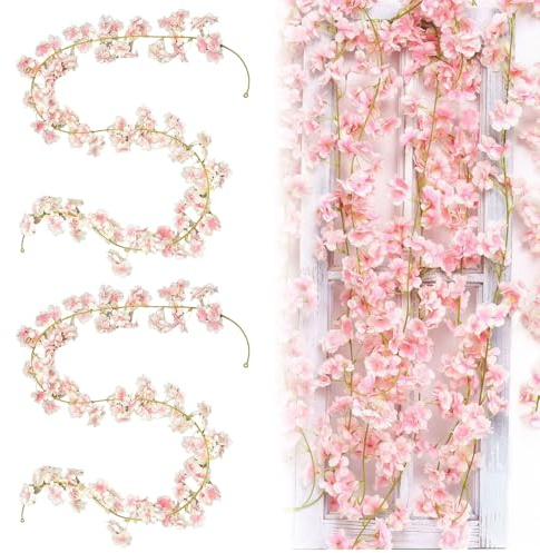 2pièces Guirlandes de Fleurs de Cerisier Artificielles,Fleurs en Soie,1.8m Rose Clair Guirlande Fleur Artificielles,135 Fleur de Cerisier Artificielle,pourMariages,Décoration intérieure
