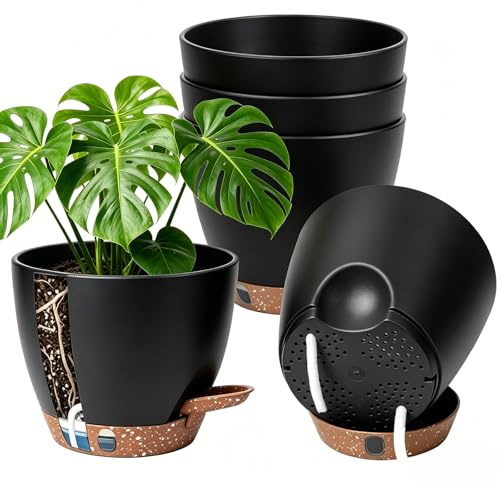 Anhow 5 Pcs Pots de Fleurs en Plastique Auto-arrosant 15cm - Noir | Jardiniere Auto-arrosant Pots à Fleurs pour Interieur, Exterieur, Balcon/ Lot de 5