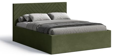 Meblofun Polsterbett ABETE mit Kopfteil, 160x200 cm, Doppelbett mit Bettkasten und Lattenrost aus Holz, Velourstoff, Farbe: Hellgrün