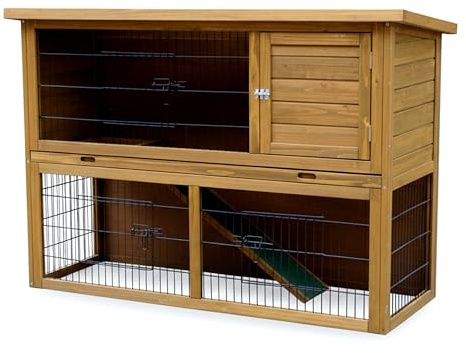 Kaninchenstall Outdoor | 2-stöckiges Pultdach Meerschweinchenkäfig | Holz Kleintierheim | Groß - 136 x 50 x 92 cm