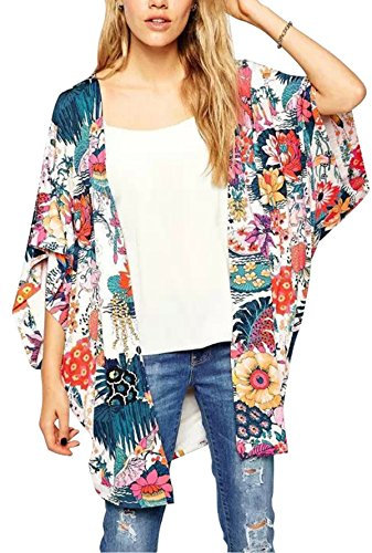 Hibluco Women's Long Floral Kimono Cardigan Long Blouse Sheer Shirt Loose Tops Swimwear (XX-Large, K4)