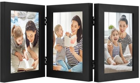 Golden State Art, Decorative Hinged Table Desk Top Picture Photo Frame, 3 Vertical Openings, 5x7 inches with Real Glass (5x7 Triple, Black)