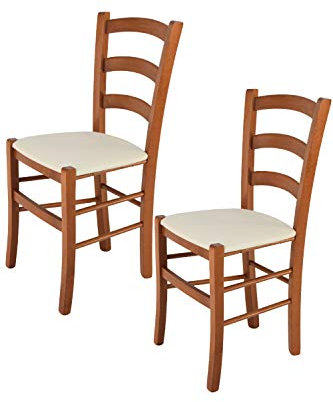 Tommychairs - 2er Set Stühle VENICE für Küche und Esszimmer, Struktur aus lackiertem Buchenholz im Farbton Kirschholz und gepolsterte gepolsterte Sitzfläche mit STOFF in der Farbe Elfenbein bezogen