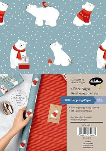 Geschenkpapier Set Weihnachten: Eisbär (für Kinder): 4x doppelseitige Einzelbögen + 4x Geschenkanhänger