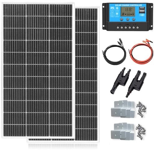 XINPUGUANG Kit Panneau Solaire 200W Mono:2pcs Panneau Solaire 12V + Régulateur de charge 20A + câble de 3m + pinces de fixation Z pour camping-car, caravane, maison