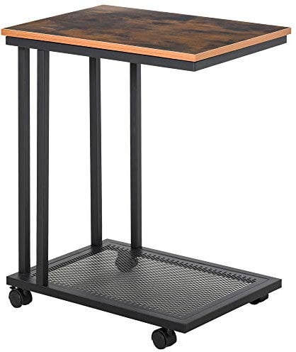 homcom C Shaped Side Table with Wheels, Mobile End Table, Laptop Stand with Metal Frame and Storage Shelf, Rustic Brown