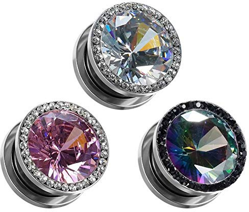 COOEAR Calibre para Orejas, Tapones y túneles, Pendientes de Cristal con diseño de circón, tamaño 2g(6mm) a 16mm