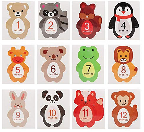 12 Stücke Baby Meilensteinkarten Meilenstein Erinnerungen Foto Requisiten Cartoon Tier Geformt für 1-12 Monate Neugeborenen Mädchen