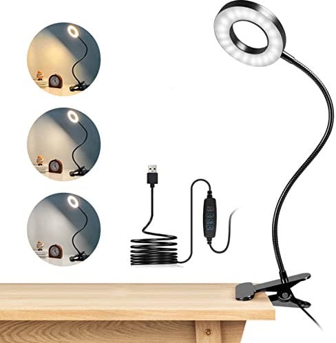 dowowdo Lampe de Bureau à Pince 48 LED Flexible à 360°Lampe Lecture Clipsable 3 Modes d’Éclairage &10 Niveaux de Luminosité Led USB pour Étude et Travail, Noir [Classe énergétique F]