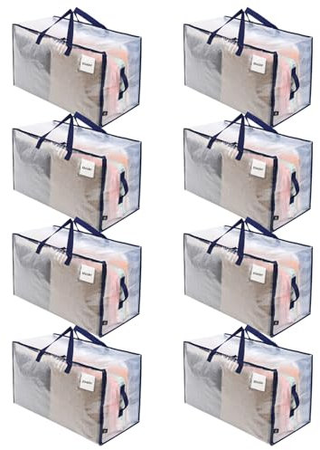 VENO Lot de 8 Grands Sac de Rangement avec Couvercle et Poignées Renforcées, Cartons Déménagement de 102 L Résistant pour Rangement des Vêtements et voyages, Sac à Linge (Transparent, Lot de 8)