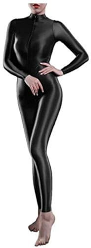 Woman's Sheer Shiny Bodystocking Yoga Lingerie High Neck Long Sleeve Zipper Crotch Bodysuit Catsuit, Black, Medium