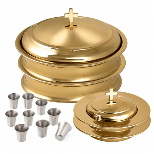 Mayur Exports Kommuniongeschirr-Kirchenset | Stapelbar, 2 Kommuniontabletts mit Deckel und 2 Brotteller mit Deckel, 80 Becher enthalten | Ideal für Kirchen | Edelstahl – glänzendes (Gold-) Finish