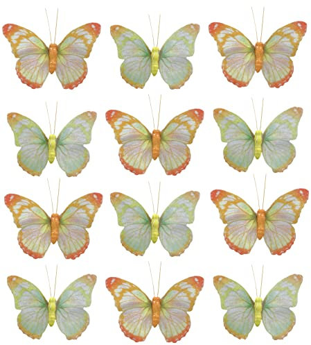 Deko-Schmetterlinge mit Metalldraht zum Stecken und Binden, zur farbenfrohen Dekoration Tischdekoration Blumengesteck Blumenkranz (9 x 7 cm, gelb)