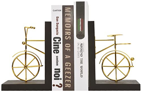 Spiretro Supports de Serre-Livres pour vélo, butées de Livre décoratives avec Fond antidérapant, Support de Livre en Bois et métal, présentoir pour Bureau de Bureau, 1 Paire, doré et Marron