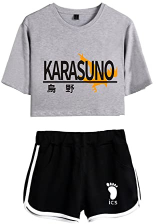 LKY STAR Damen Anime Sets Haikyuu Merch T-Shirt und Shorts 2 Stück Karasuno Crop Top & Shorts Cosplay Modisch Sport-Sets Hinata Shoyo