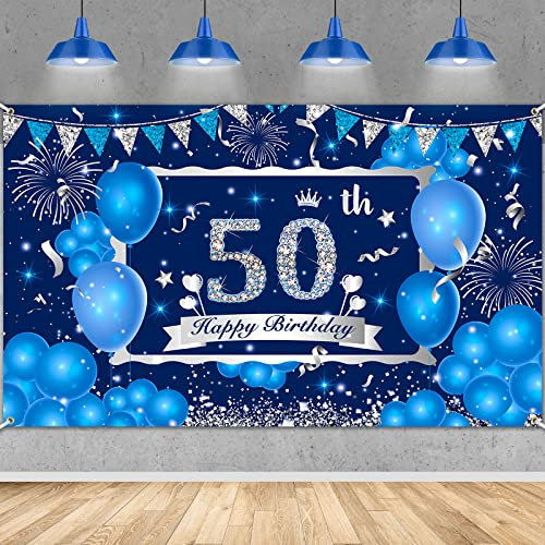Blauer 50. Geburtstag Dekorationsbanner für Männer Frauen, Marineblau Silber Happy 50. Geburtstag Banner Hintergrund, Großes blaues 50. Geburtstag Banner für 50. Geburtstag Jubiläum Party Dekoration