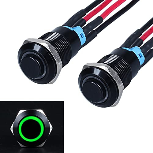 JIQI 2× 12mm Verrieglung Druckschalter 12V bis 24V 2A wasserdicht selbsthaltend schwarz Druckknopfschalter aus Metall LED Beleuchtet Latch EIN/AUS Schalter mit IP66 1NO für Motorrad (hoher Kopf, Grün)