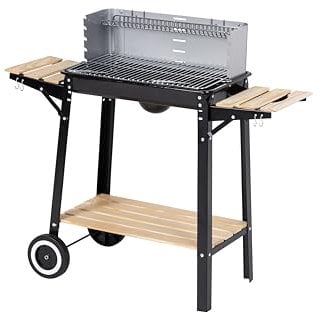 aro Holzkohlegrill, Stahl/Holz, höhenverstellbar, mit Seitenablage, Windschutz und 2 Rädern, silber