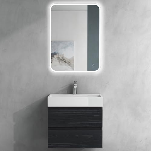 doporro Badmöbel-Set Unterschrank Waschbecken Ablaufgarnitur LED-Spiegel | Wandhängendes Badmöbel-Set mit Waschbecken, Ablaufgarnitur, LED-Spiegel– kompakt & stilvoll 60x38x56cm Verona