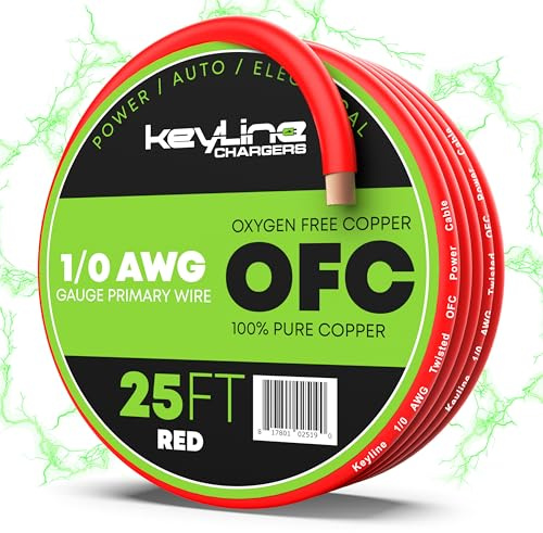1/0 Gauge Draht (25 Fuß) AWG Amp Batteriekabel für elektrische Verkabelung im Auto – Sauerstofffreies Kupfer (OFC) Schweißdraht 0 GA – Auto-Verstärker Strom- und Erdungskabel