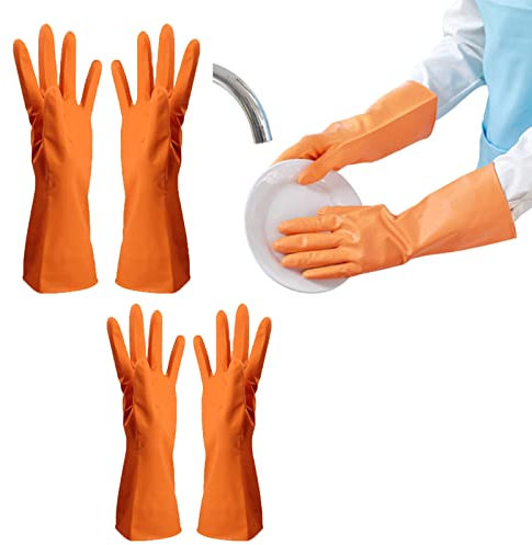 FCSHFC 3 Pairs Non-Slip Rubber Gloves Reusable Cleaning Gloves, Dishwashing Gloves Kitchen Washing Up Gloves for Household (Color : Orange, Size : M)