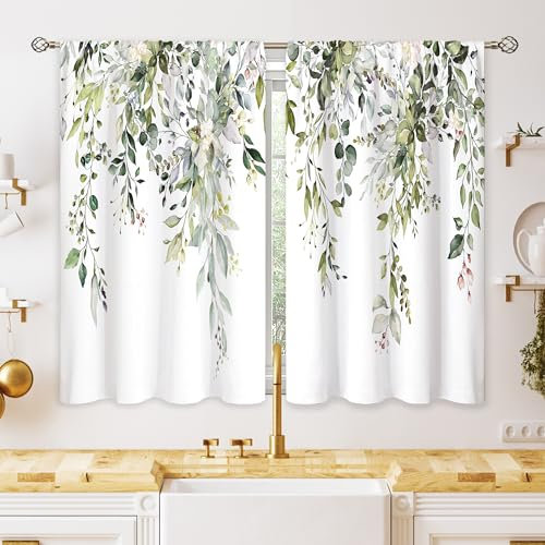 oolygoo - Cortinas de eucalipto con hojas botánicas florales para ventana de cocina, sobre fregadero, diseño de hojas de flores pequeñas, color verde salvia, 66 x 91 cm