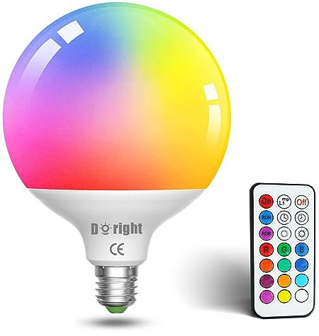 DoRight E27 Bombillas Colores RGBW, LED Bombilla regulable G120 10W luz calida 2700K, con mando a distancia, función de memoria y temporizador, bombilla LED de colores para el hogar, decoración