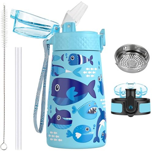 OLDLEY 350ml/12oz Kids Stainless Steel Water Bottle with Straw for School with 2 Different Lid Metal Vacuum Insulated Water Bottles Small Flask for Boys Girls Toddler Children Hot Cold Drinks BPA Free