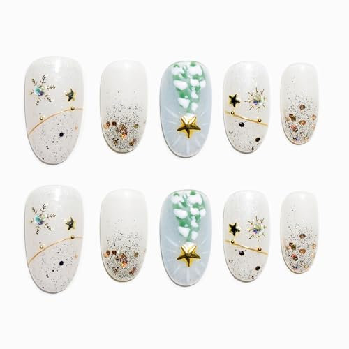Sun&Beam Nails Handmade Press-on Medium Long Oval White Silver Christmas Star Glitter Design Fashion False Nail Tips 10 Pcs Set (#141 L)