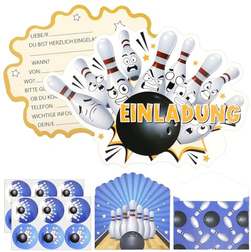 SHOWHEEL 12 Set Bowling Einladungskarten Kindergeburtstag,mit 12 Bowling Partyeinladungen 12 Umschläge 12pcs Aufkleber,Deutsch Geburtstagseinladungen,Einladung Bowling für Jungen und Mädchen