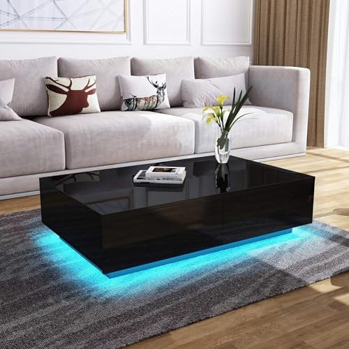 Coffee Table,Coffee Table with LED RGB Lights High Gloss Coffee Storage Table for Living Room Rectangle Centre Table with 4 Drawers Home Office Furniture 95 x 60 x 31cm (Black+2.5M LED)