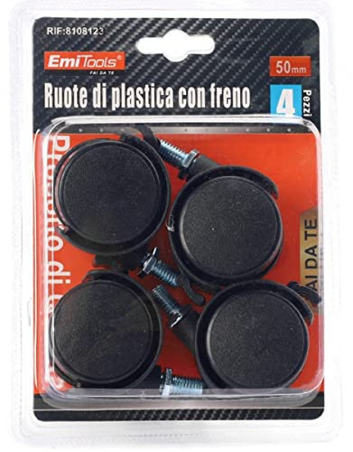 Kit 4 Rotelle Con Perno e Freno, Diametro 50mm, Altezza 65mm, Portata 120KG, Per Mobili, Ruote Girevoli Con Perno Filettato M8
