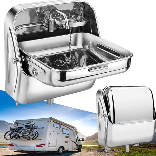 YANGYMM RV Stainless Steel Folding Sink, with Cold Water Faucet Hand Wash Basin RV Caravan Camper Boat, Wall Mounting Hand Wash Basin Van Sink, for Boat, Restaurant, School