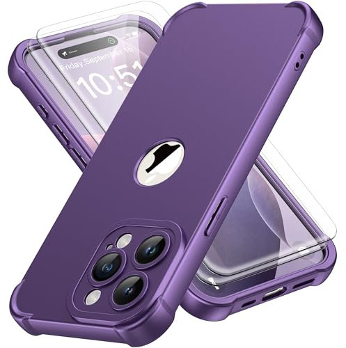 ORETECH Cover Compatibile con iPhone 15 Pro Max, Custodia iPhone 15 Pro Max con [2 x Pellicola Protettiva Vetro Temperato] 360 Protezione Ultra Sottile Hard PC TPU Silicone Antiurto Cover-Viola Scuro