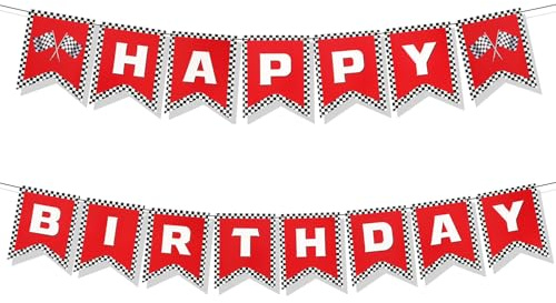 Rennwagen-Happy-Birthday-Banner, Motto-Partyzubehör Dekorationen Karierte Flaggen Schwarz-Weißes Rennbanner Racing Karierte Flaggen-Party Rennwagen-Geburtstagsparty-Dekorationen (Rot)
