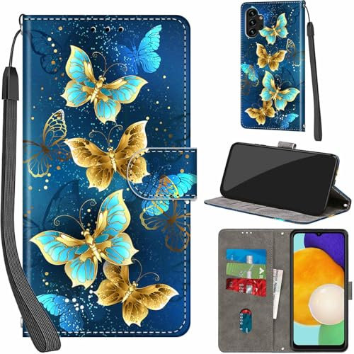 Handyhülle für Samsung Galaxy A13 4G/5G/A04S Hülle PU Leder Schutzhülle Klappbar mit Kartenfach Ständer Handytasche mit Kameraschutz Flip Case Klapphülle für Samsung A13 4G/5G, Vier Schmetterlinge
