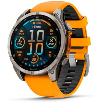 Garmin fēnix® AMOLED Sapphire Premium - Reloj Inteligente GPS multideportivo de 8-47 mm, batería de Larga duración, clasificación de Buceo, Linterna LED integrada, Correa de Titanio Naranja Chispa