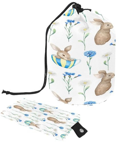 Trousse de toilette avec cordon de serrage, motif lapin et fleurs, trousse de toilette en forme de tonneau, trousse de maquillage de voyage + petit sac, multicolore,