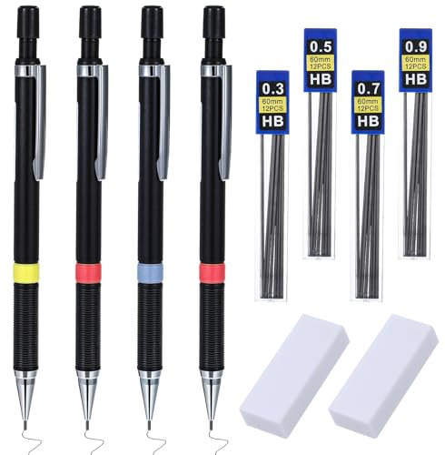 Yuanchu Lot de 48 porte-mines 0,3 0,5 0,7 0,9 mm avec 2 gommes 48 mines Hb interchangeables pour étudiants, écriture, dessin, croquis, bureau
