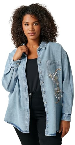 EVANS Curve Denim Sequin Embellished Shirt - Women's - Plus Size Curve