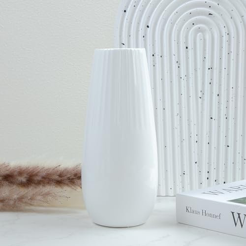 Keramik Vasen, Vase Weiß Boho Deko für Pampasgras, Trockenblumen Blumenvase Modern Kleine Vasen für Tischdecko, Bücherregal, Wohnzimmer, Badezimmer, Büro,B