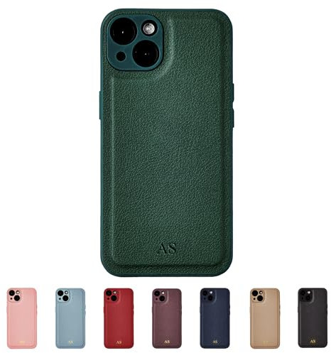 Tirita Personalised Leather Phone Case for iPhone 15 Pro Max – Leather Dark Green Case or Cover With Custom Initials – Personalised Gift for Men or Women [16. Dark Green Embossed (No Gold) Initials]