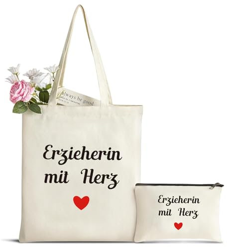 Erzieherin Geschenk Canvas Tragetasche mit Kosmetiktasche, Abschiedsgeschenk Erzieherin Einkaufstaschen, Danke Geschenk für Erzieherin Kindergarten, Abschied Geschenk für Erzieher von Schülern