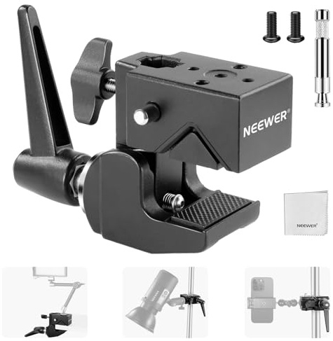 NEEWER Heavy Duty Super Clamp Max Load 33 lb/15 kg, 2.4 Inch Jaw Grip Crab Clamp Mount for Round Bar Flat Surface with 5/8 Inch Stud/Spring Lock/Cleaning Cloth for Studio Photography Camera Light