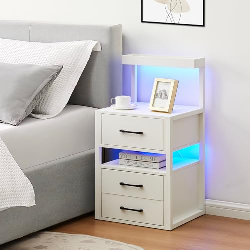 CLIPOP Bedside Table with Charging Station, 3 Drawers Bedside Table with Storage Shelf, LED Tall Nightstand Cabinet Ladder Design for Bedroom, White
