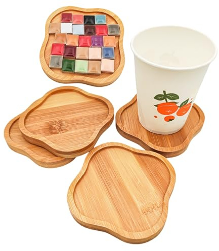 4PCS Bamboo Mosaic Coasters, Blank Base Trays for Crafts DIY Mosaic Supplies, Drinking Cup Coaster, Plant Coaster, Art Plate (Four-leaf clover shape)