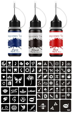 Kit Tatuaje Temporal Adulto Tattoo 3 Botellas Color 40 Piezas Grandes Tatuajes Temporales Falsos DIY, Tinta para Tatuar Temporales, Tattoo Ink, (Tatuaje Negro, Rojo Y Azul)