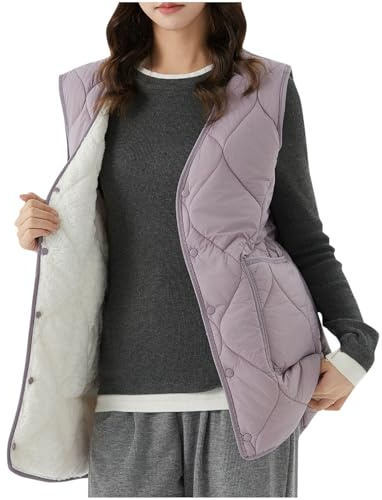 duxyoz Damen-Weste, Übergröße, mit Fleece gefüttert, Thermo-Sherpa-Weste, ärmellos, gepolstert, Knopfleiste, leicht, lässig, Bodywarmer gesteppt, Softshell-Weste, 01 lila, 52