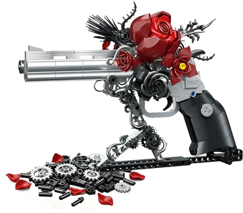 Gun Rose Blumenstrauß Bausatz, Gotischer Botanical Gun Modell Spielzeug | DIY Revolver Klemmbausteine mit Blumen, Halloween Heim Dekor, Dunkle Fantasy Geschenk für Erwachsene, 631 Teile